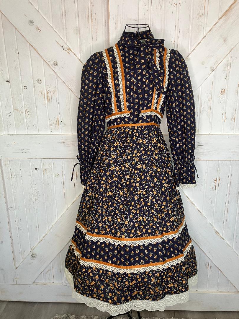 70's Vintage Homespun Ltd Gunne Sax STYLE Blue Orange Gold Calico Prairie Pussybow Midi Dress 9