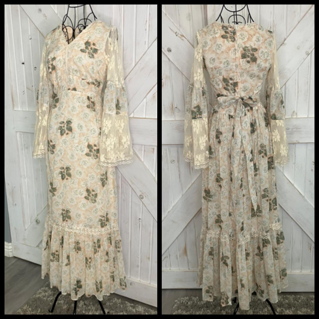 70's Vintage White Green Peach Floral Gunne Sax STYLE Prairie Angel Bell Sleeve Stevie Boho Maxi Dress *WOUNDED BIRD