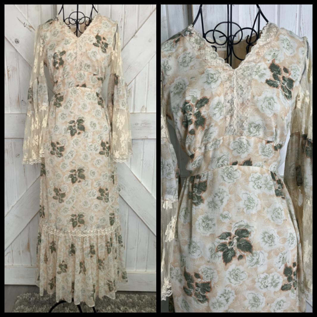 70's Vintage White Green Peach Floral Gunne Sax STYLE Prairie Angel Bell Sleeve Stevie Boho Maxi Dress *WOUNDED BIRD