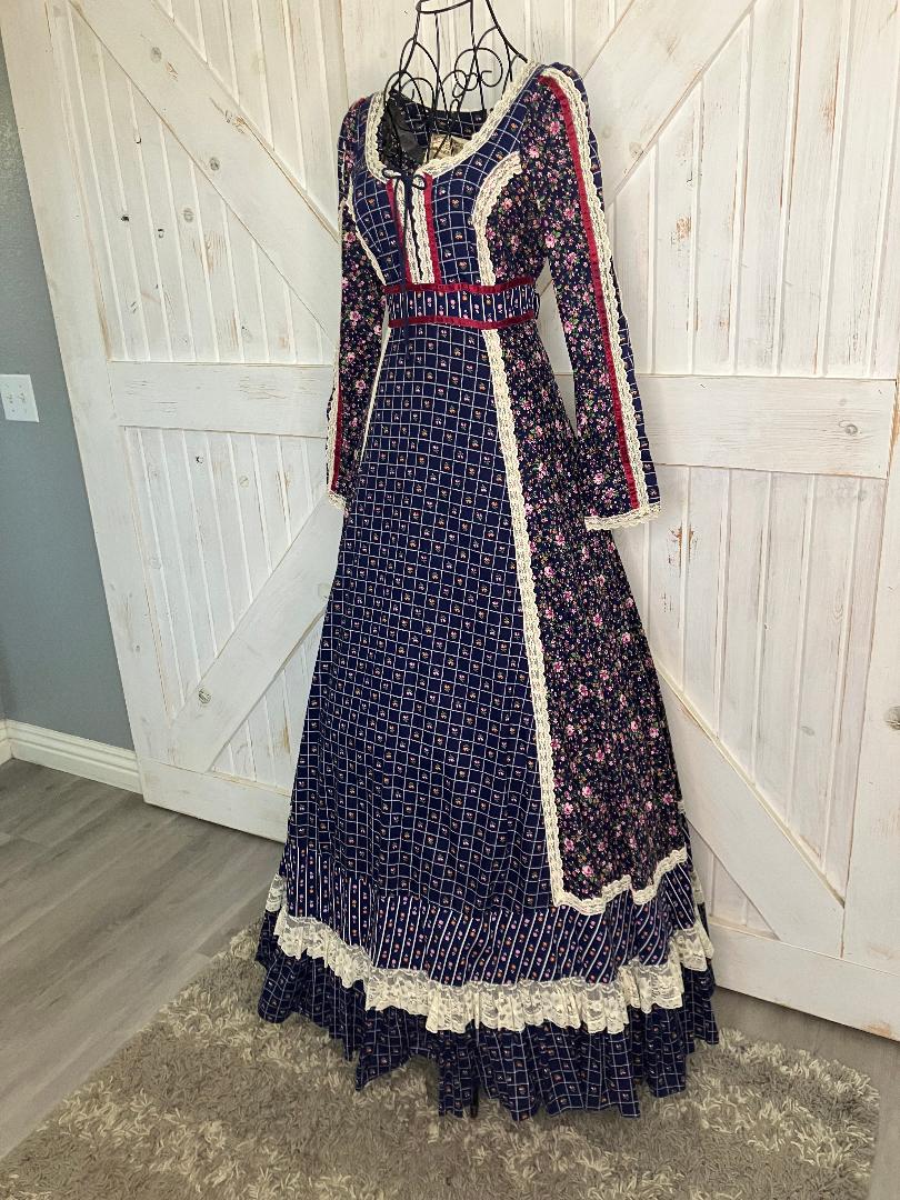 70's Vintage Gunne Sax Blue Red Pink White Calico Prairie Maxi Dress 7