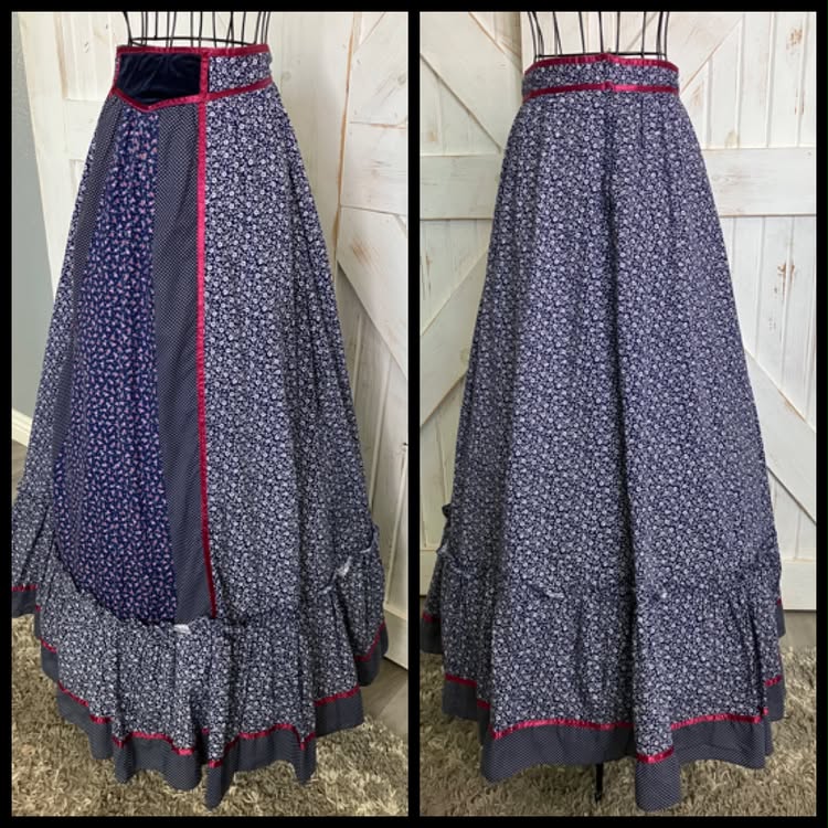 70's Vintage Gunne Sax Jessica's Gunnies Blue Red Calico White Polka Dot Prairie Maxi Skirt 11