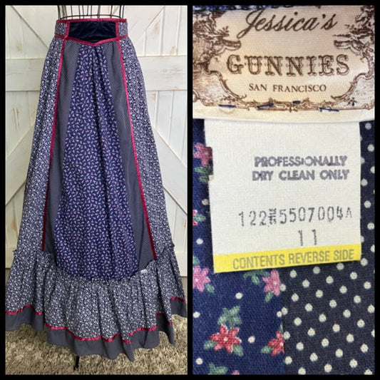 70's Vintage Gunne Sax Jessica's Gunnies Blue Red Calico White Polka Dot Prairie Maxi Skirt 11
