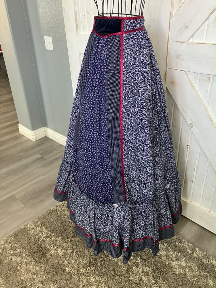 70's Vintage Gunne Sax Jessica's Gunnies Blue Red Calico White Polka Dot Prairie Maxi Skirt 11