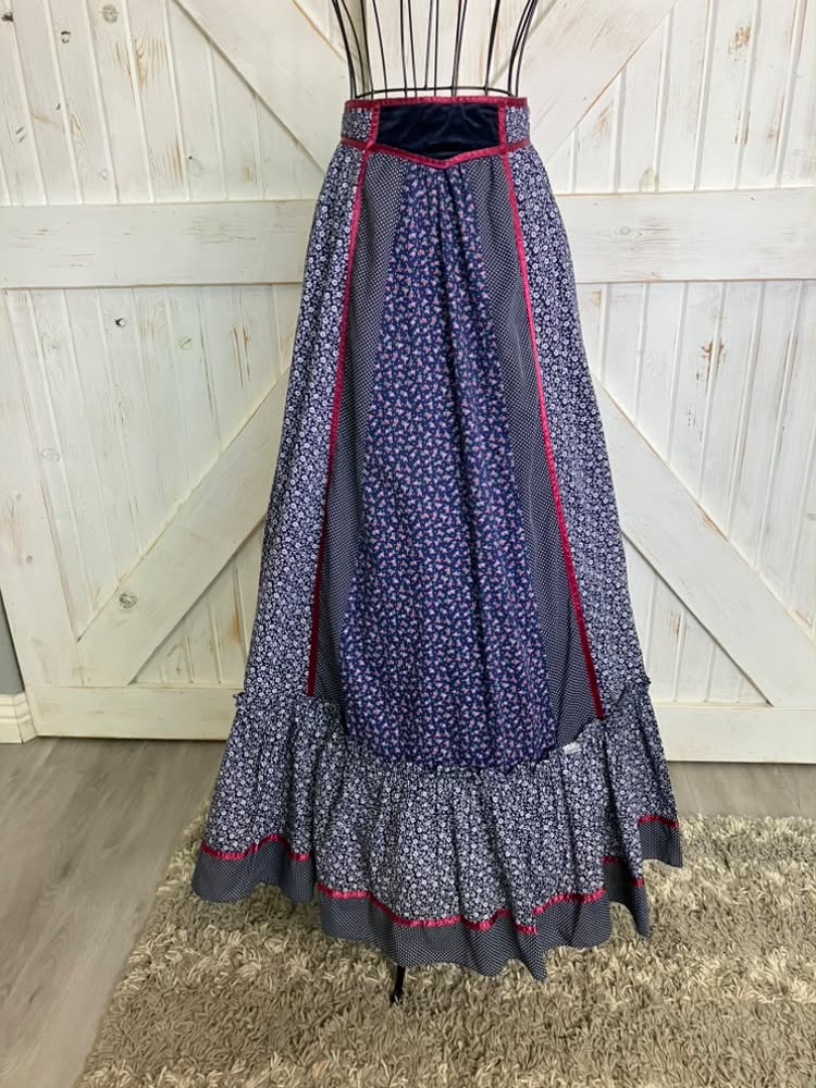 70's Vintage Gunne Sax Jessica's Gunnies Blue Red Calico White Polka Dot Prairie Maxi Skirt 11