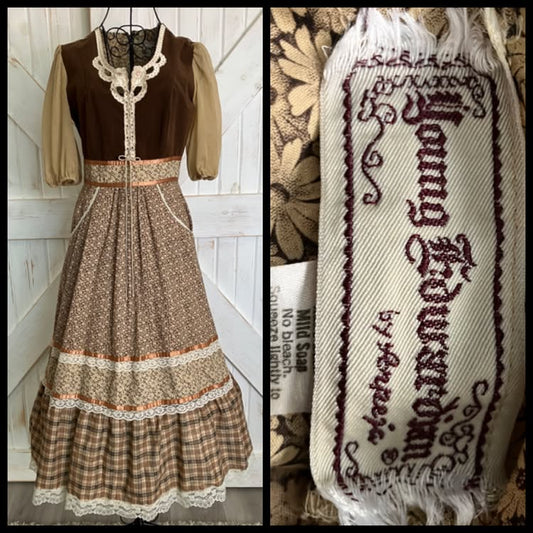 70's Vintage Young Edwardian Arpeja Brown Orange Calico Plaid Prairie Gunne Sax STYLE Corset Midi Dress