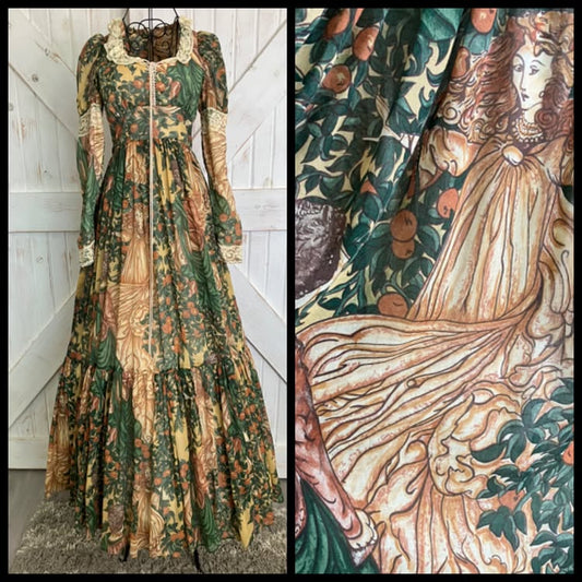 70's Vintage Gunne Sax Adam & Eve Orange Green Apple Renaissance Faire Corset Maxi Dress