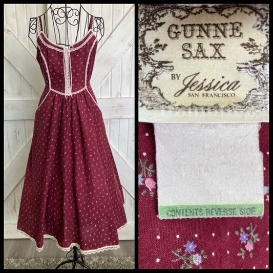70's Vintage Gunne Sax Red White Pink Calico Swiss Polka Dot Corset Prairie Midi Sundress Dress 13 *FLAWS WOUNDED BIRD