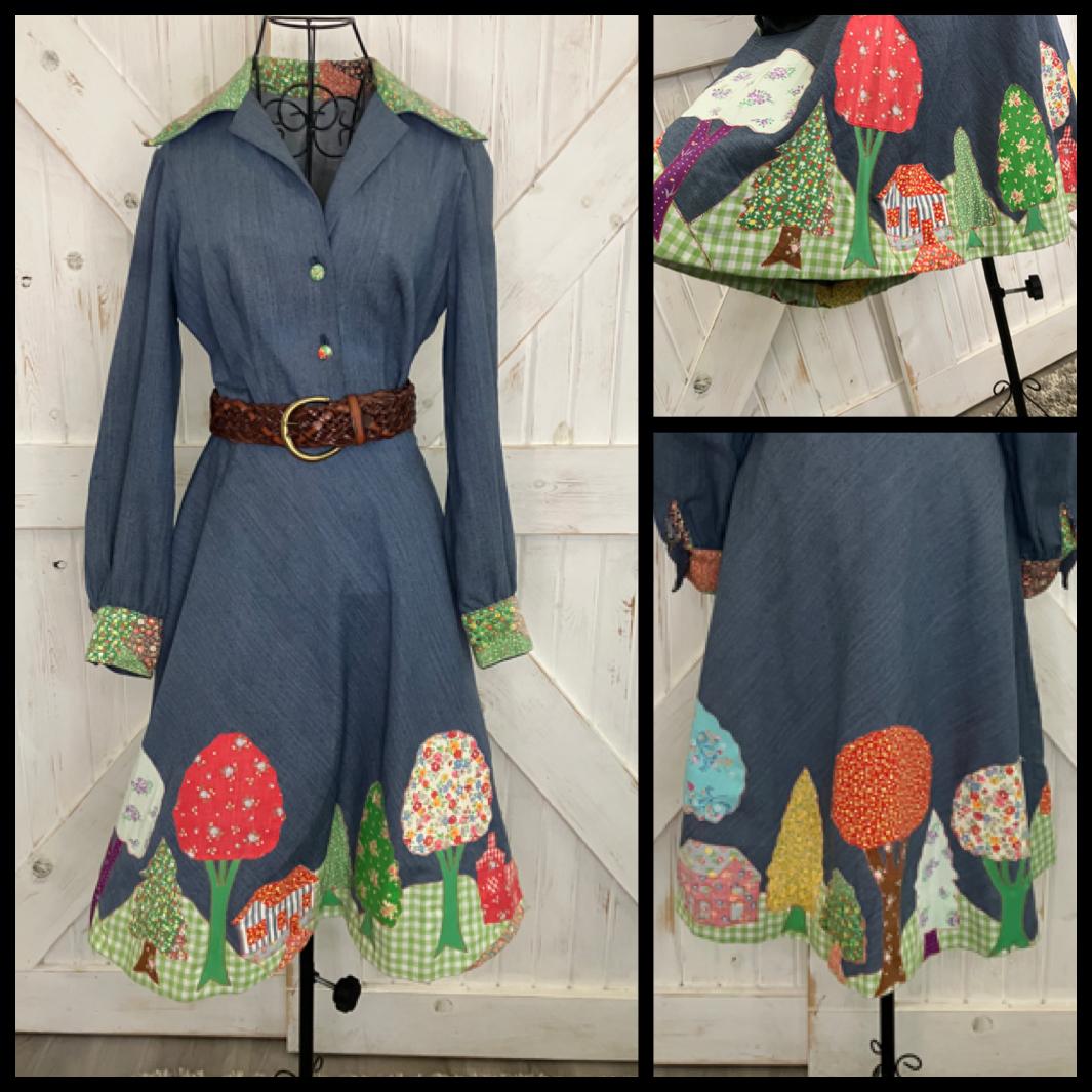 60's Vintage Denim Blue Jean Rainbow Calico Patchwork Mod Swing Midi Dress