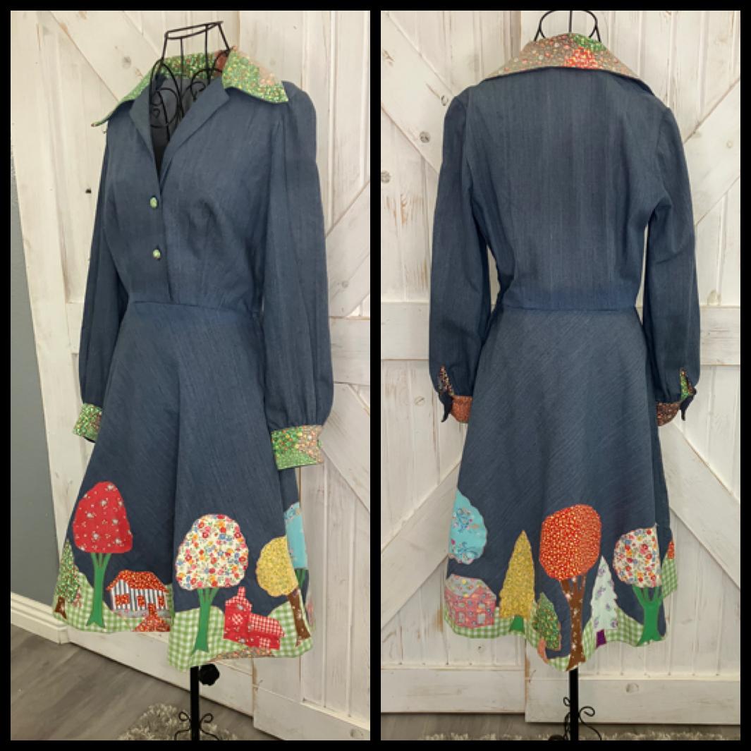 60's Vintage Denim Blue Jean Rainbow Calico Patchwork Mod Swing Midi Dress