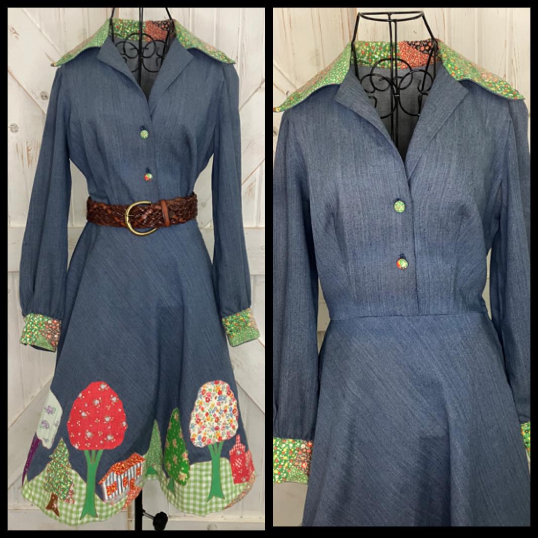 60's Vintage Denim Blue Jean Rainbow Calico Patchwork Mod Swing Midi Dress