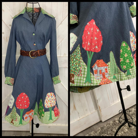 60's Vintage Denim Blue Jean Rainbow Calico Patchwork Mod Swing Midi Dress