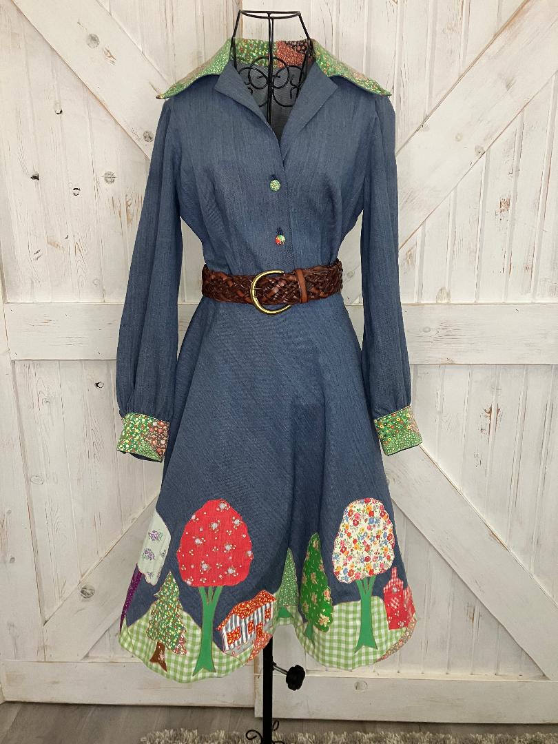 60's Vintage Denim Blue Jean Rainbow Calico Patchwork Mod Swing Midi Dress