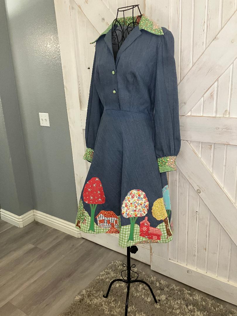 60's Vintage Denim Blue Jean Rainbow Calico Patchwork Mod Swing Midi Dress