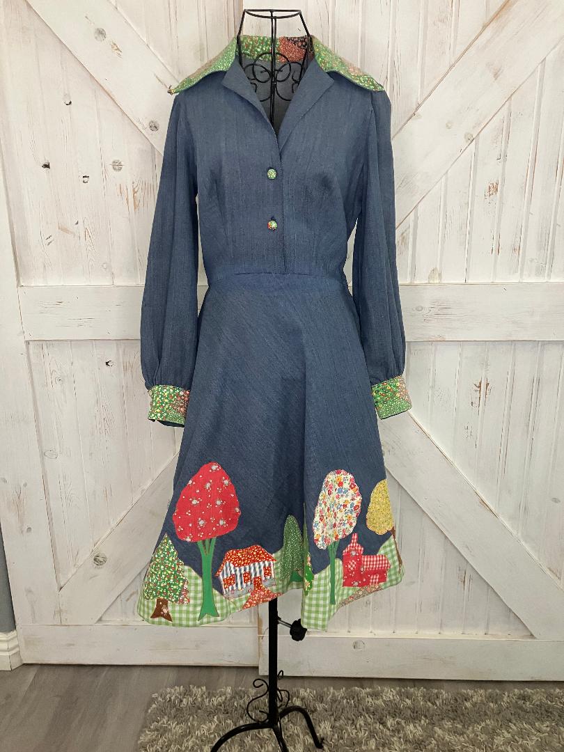 60's Vintage Denim Blue Jean Rainbow Calico Patchwork Mod Swing Midi Dress
