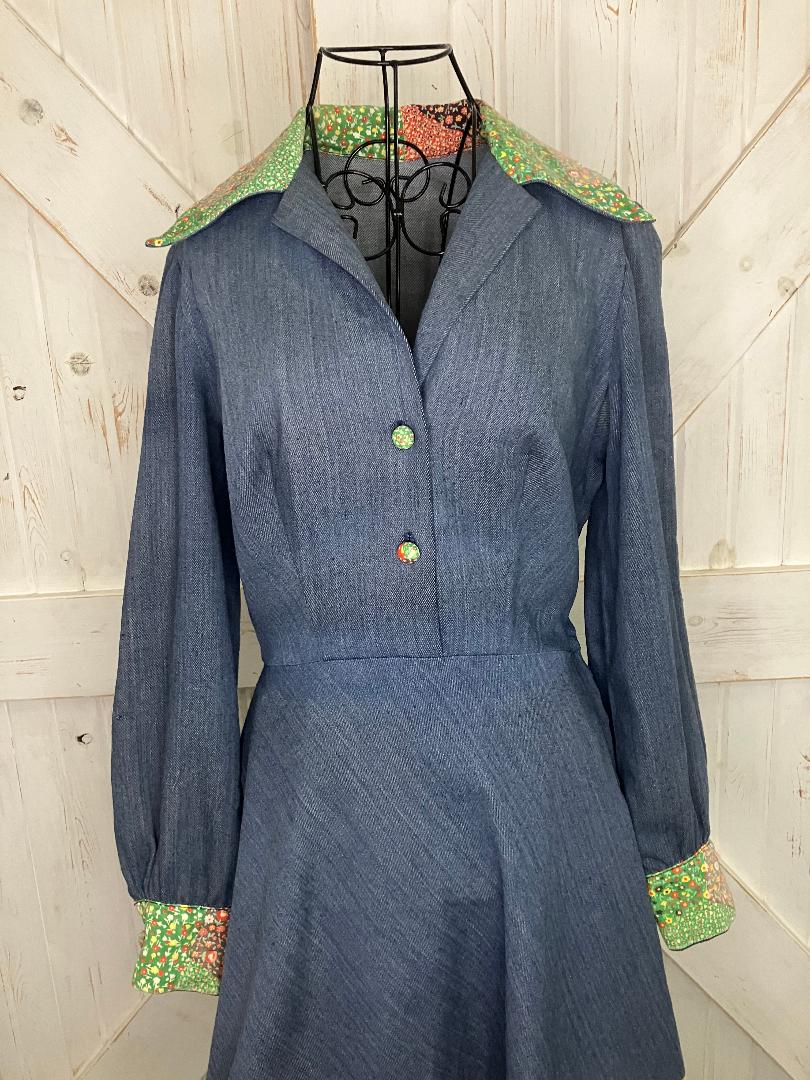 60's Vintage Denim Blue Jean Rainbow Calico Patchwork Mod Swing Midi Dress