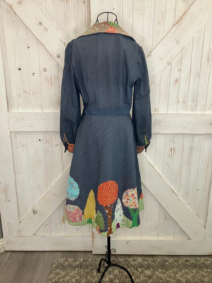 60's Vintage Denim Blue Jean Rainbow Calico Patchwork Mod Swing Midi Dress
