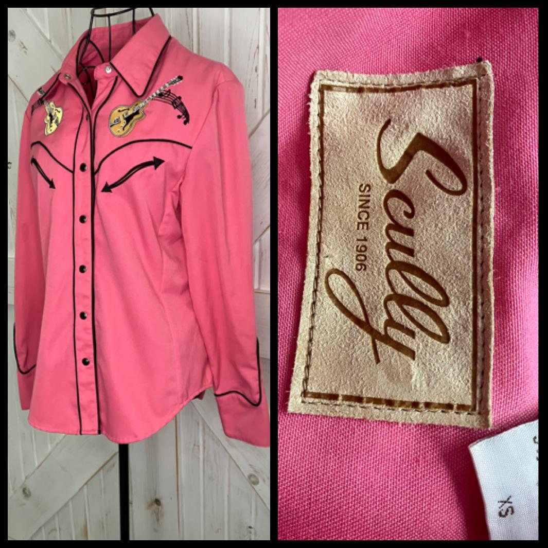 Y2K Vintage Scully Rockabilly Style Guitars Cars Music Notes Pink Pearl Snap Blouse XS