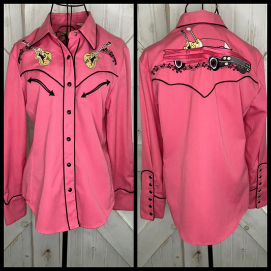 Y2K Vintage Scully Rockabilly Style Guitars Cars Music Notes Pink Pearl Snap Blouse XS