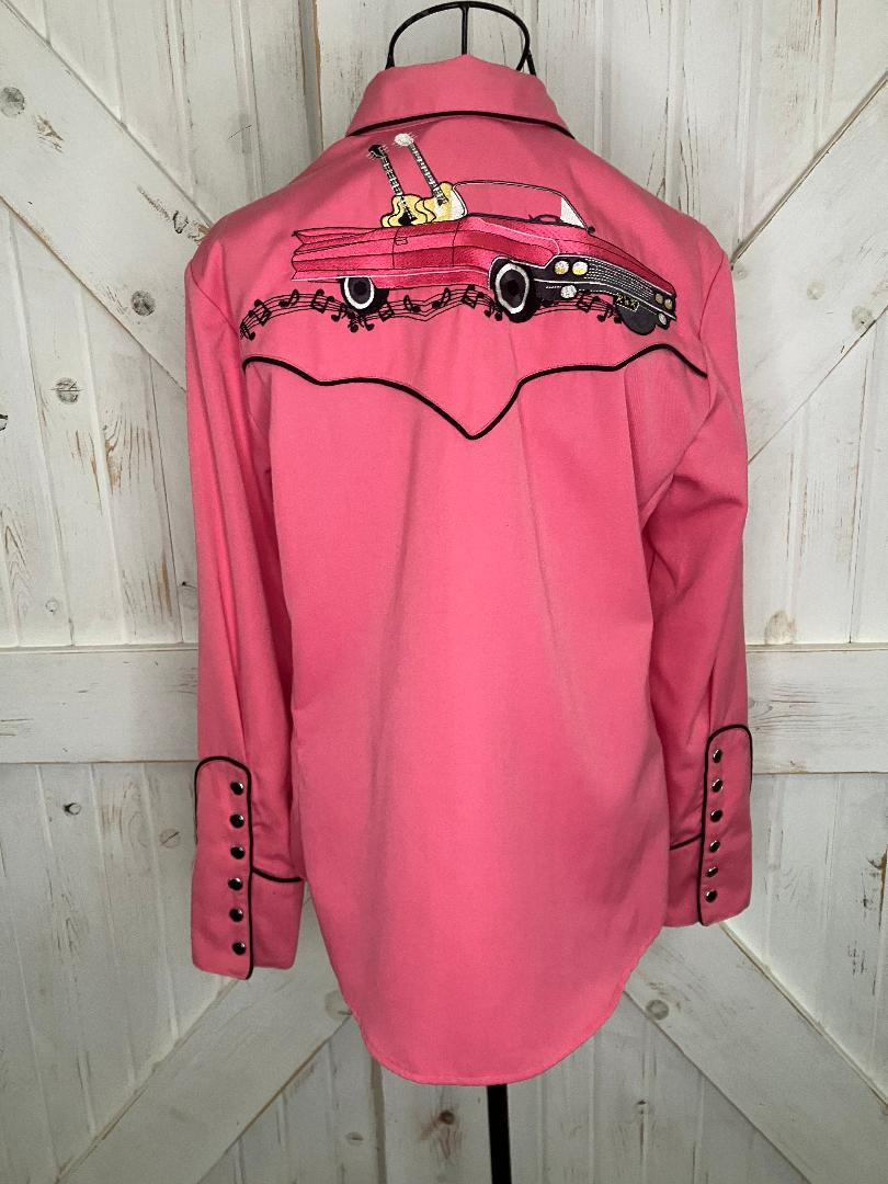 Y2K Vintage Scully Rockabilly Style Guitars Cars Music Notes Pink Pearl Snap Blouse XS