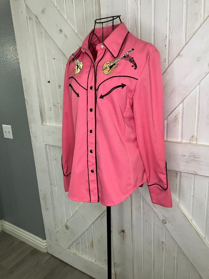 Y2K Vintage Scully Rockabilly Style Guitars Cars Music Notes Pink Pearl Snap Blouse XS