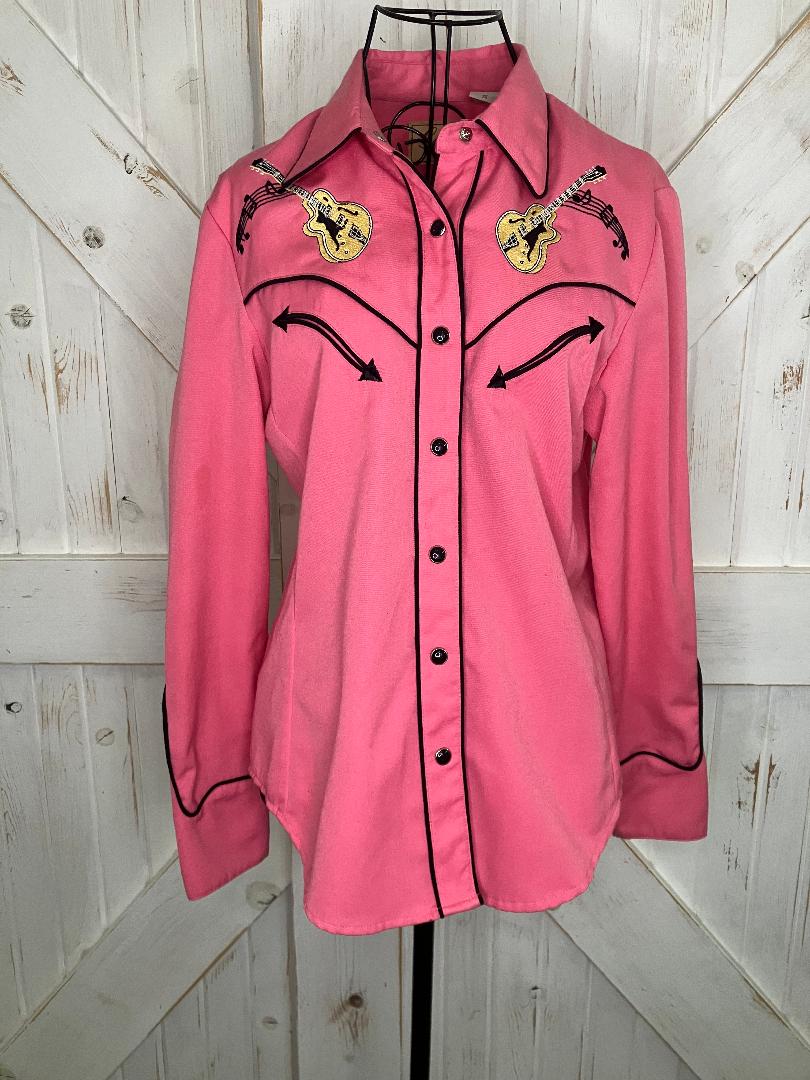 Y2K Vintage Scully Rockabilly Style Guitars Cars Music Notes Pink Pearl Snap Blouse XS