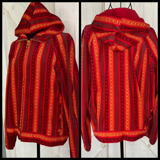 70's Vintage Ski Prints Sun Valley Red Green Black Yellow Calico Stripe Hearts Corduroy Hood Apres Ski Jacket Coat