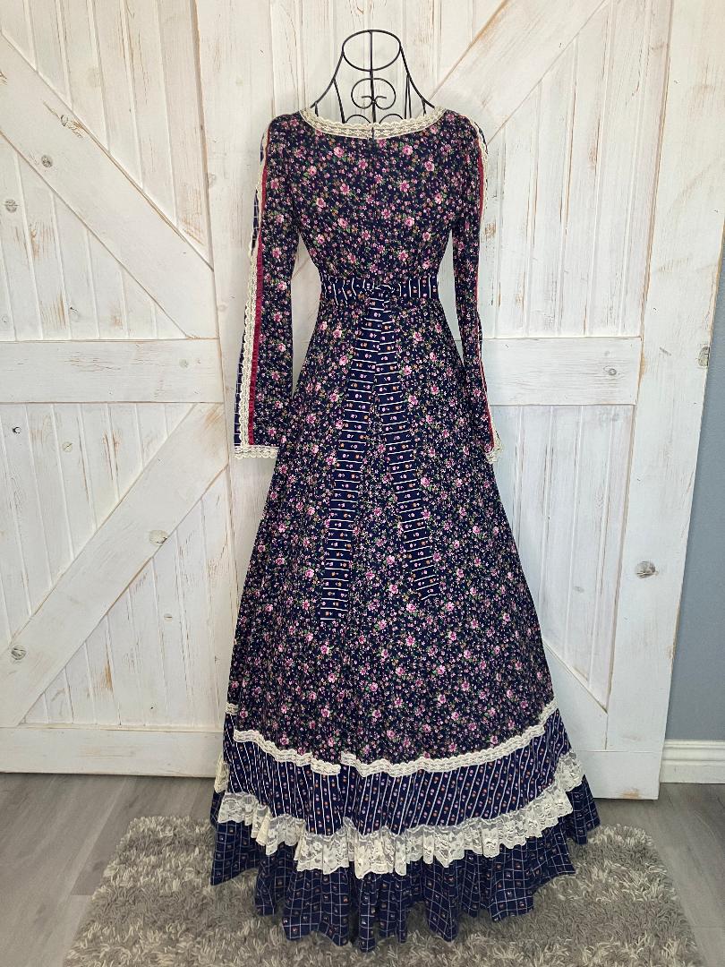70's Vintage Gunne Sax Blue Red Pink White Calico Prairie Maxi Dress 7
