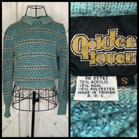 80's Vintage Golden Touch Green Stripe Collared New Wave Wool Blend Sweater