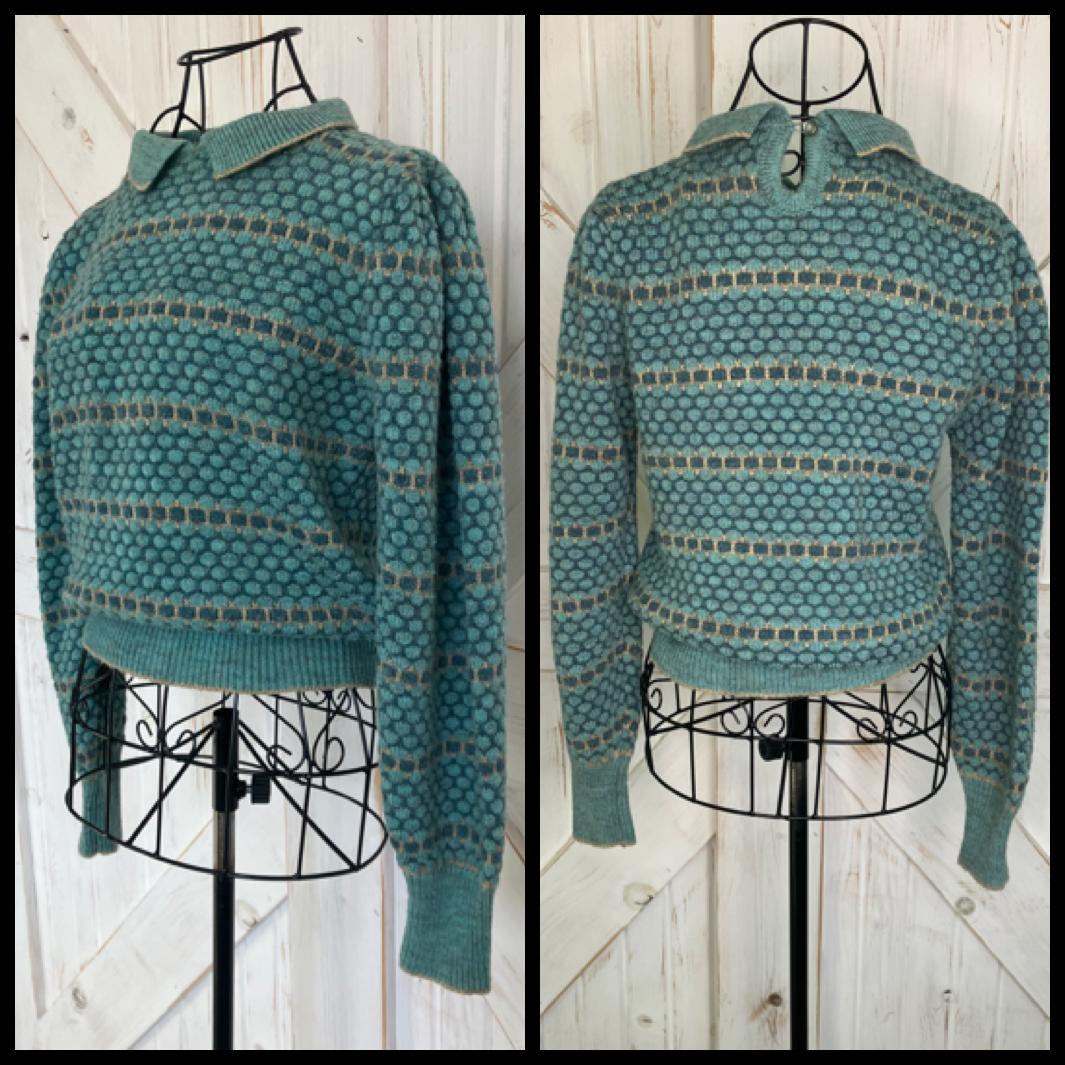 80's Vintage Golden Touch Green Stripe Collared New Wave Wool Blend Sweater