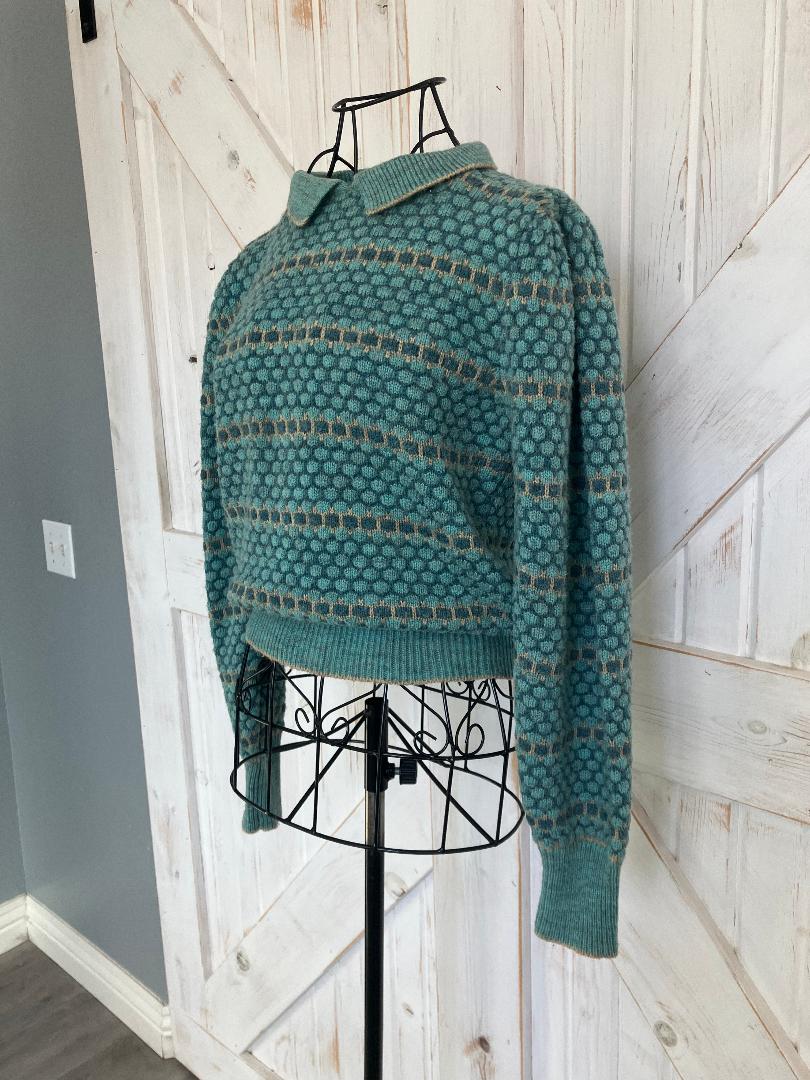 80's Vintage Golden Touch Green Stripe Collared New Wave Wool Blend Sweater