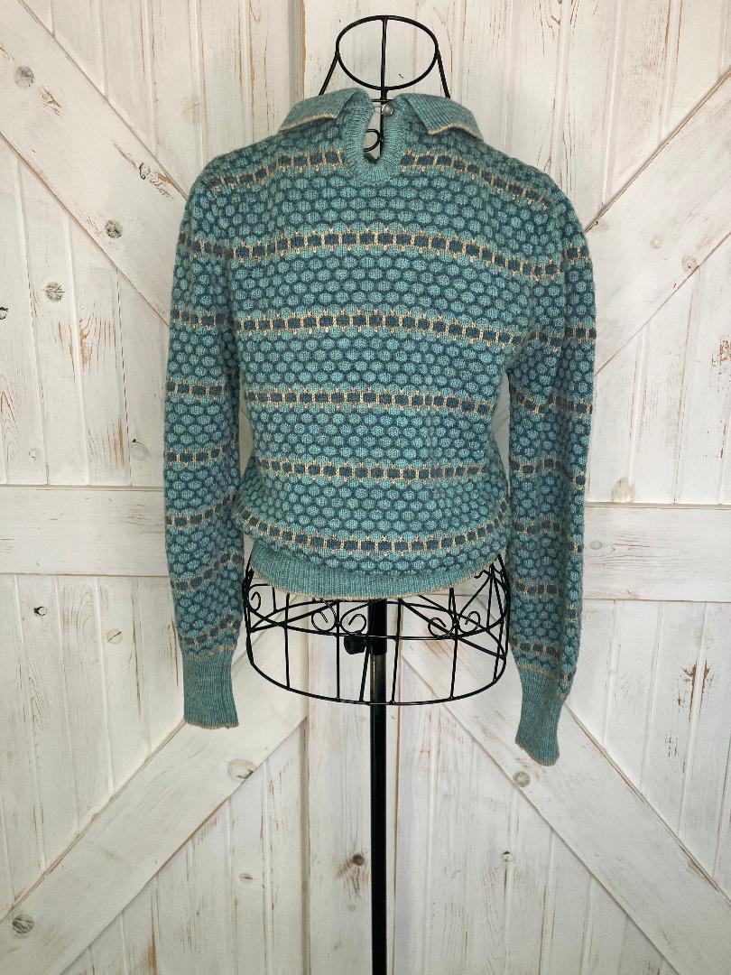 80's Vintage Golden Touch Green Stripe Collared New Wave Wool Blend Sweater