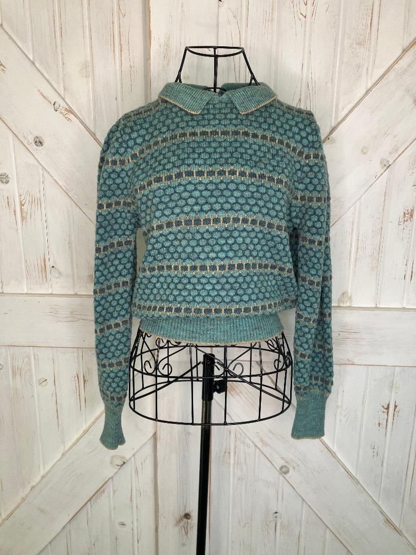 80's Vintage Golden Touch Green Stripe Collared New Wave Wool Blend Sweater