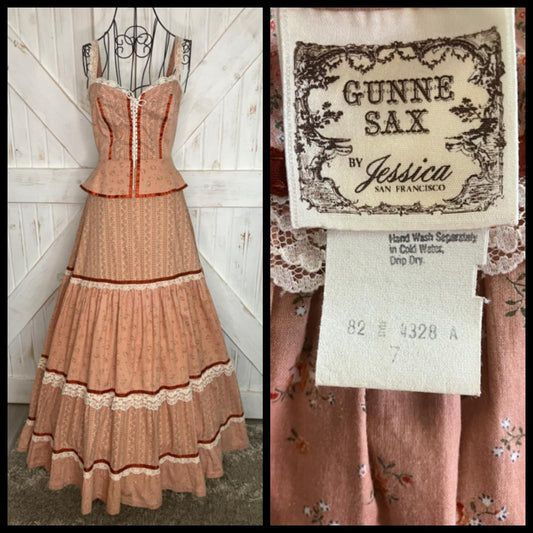 70's Vintage Gunne Sax Peach Orange Calico Prairie Peplum Corset Maxi Sundress Dress 7