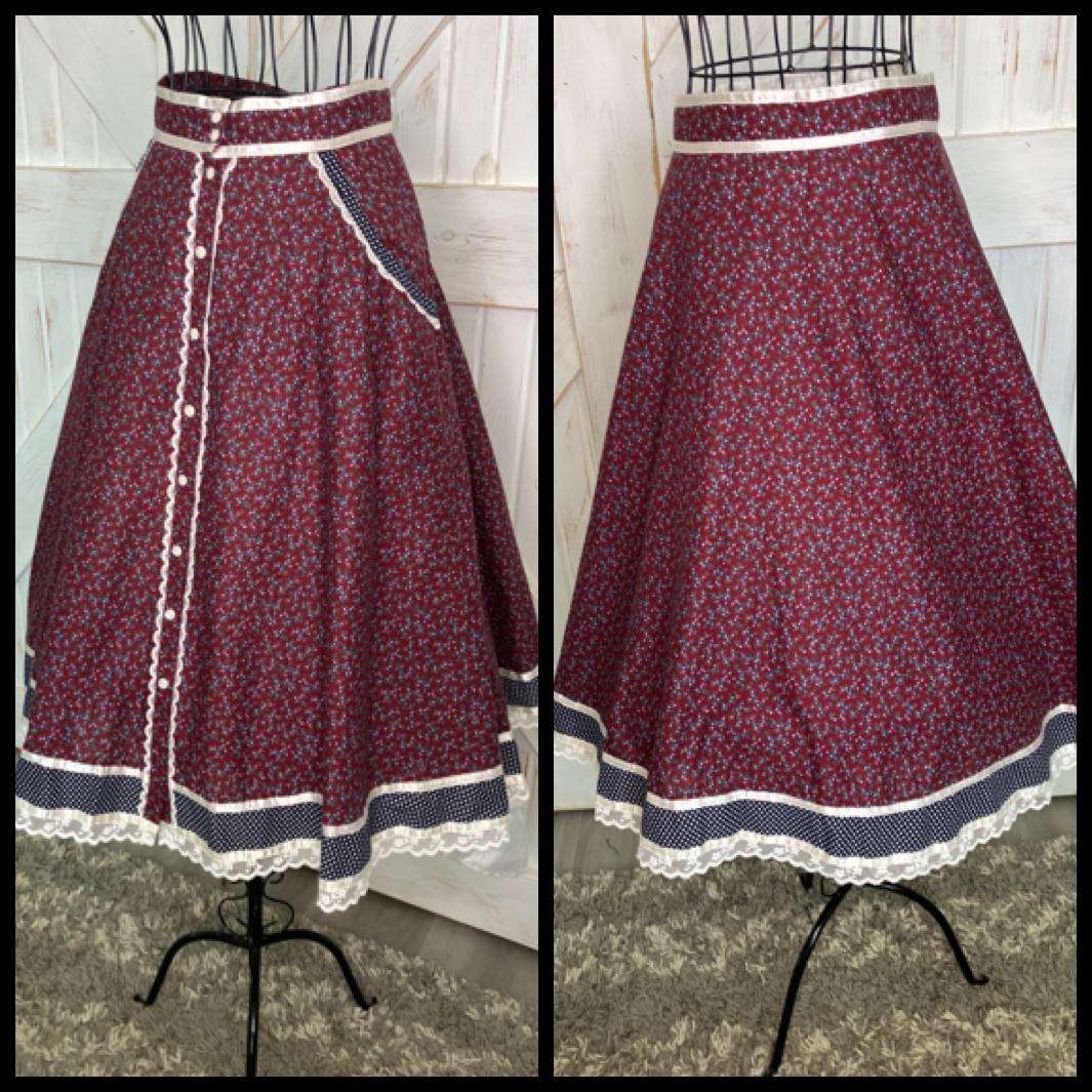 70's Vintage Gunne Sax Jessica's Gunnies Red Calico Blue White Polka Dot Prairie Midi Skirt 11