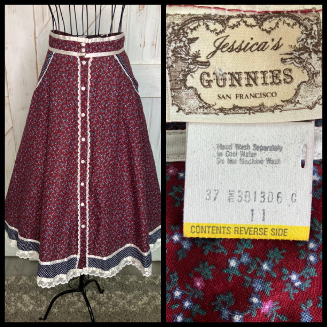 70's Vintage Gunne Sax Jessica's Gunnies Red Calico Blue White Polka Dot Prairie Midi Skirt 11