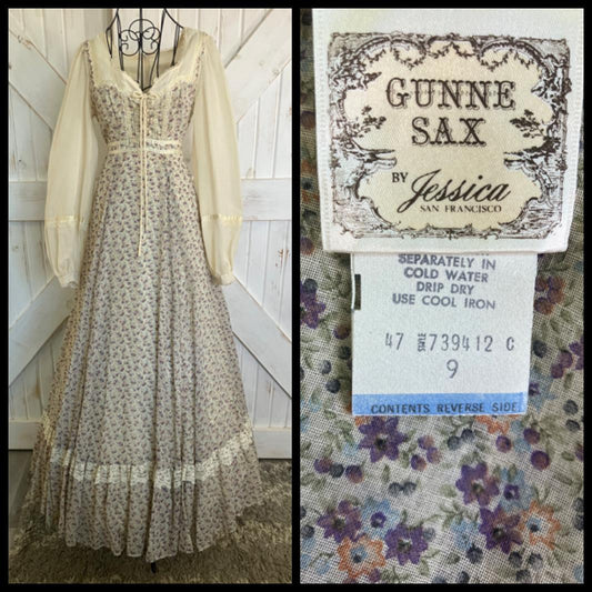 70's Vintage Gunne Sax Purple Pink Blue Ivory Calico Corset Prairie Maxi Dress 9