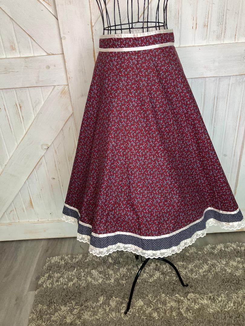 70's Vintage Gunne Sax Jessica's Gunnies Red Calico Blue White Polka Dot Prairie Midi Skirt 11