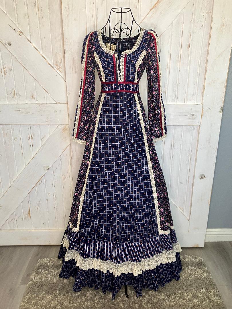 70's Vintage Gunne Sax Blue Red Pink White Calico Prairie Maxi Dress 7