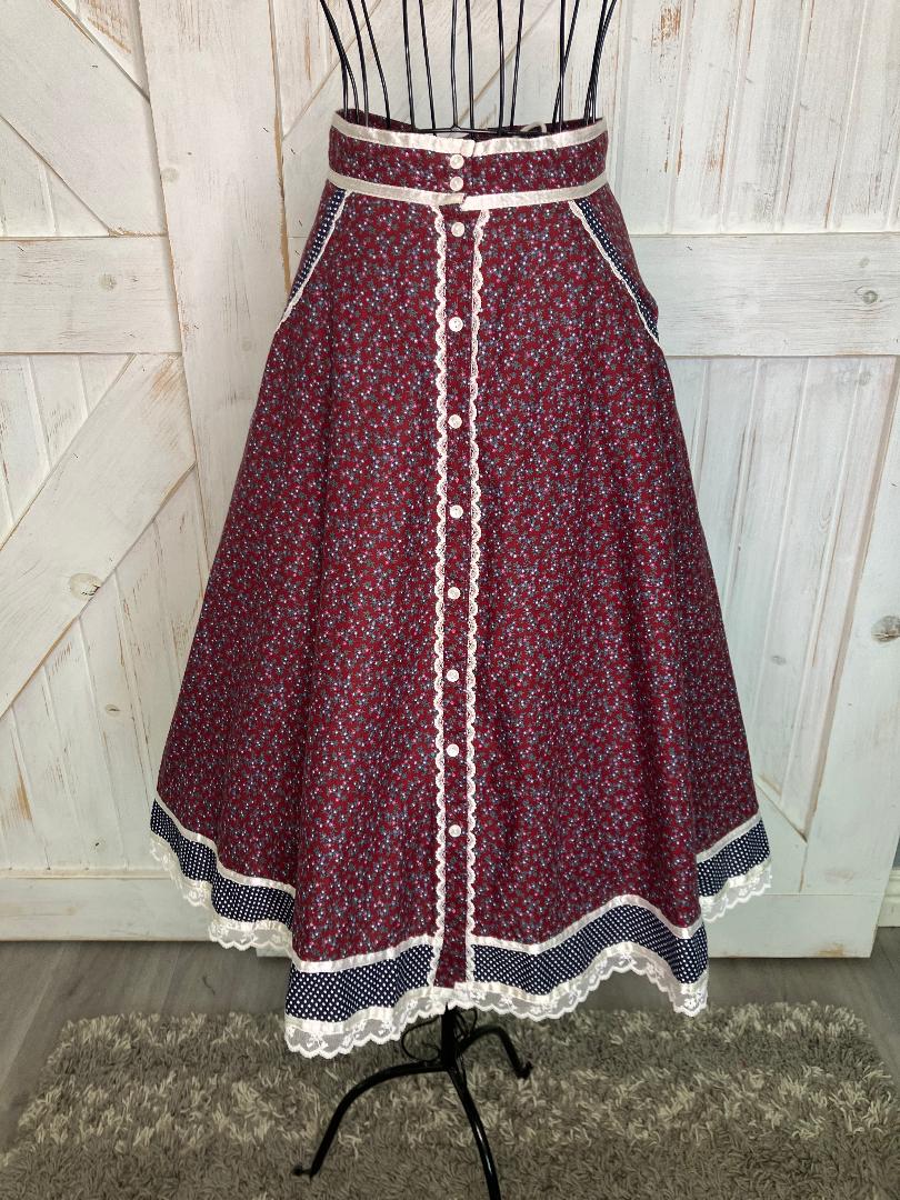 70's Vintage Gunne Sax Jessica's Gunnies Red Calico Blue White Polka Dot Prairie Midi Skirt 11