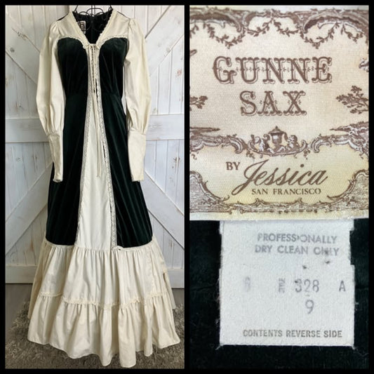 70's Vintage Gunne Sax Green Velvet Corset Renaissance Faire Princess Queen Maxi Dress 9