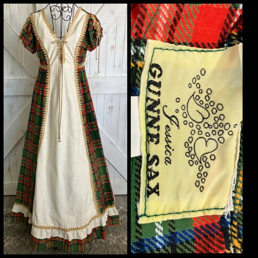 70's Vintage Gunne Sax Red Green Tartan Plaid Scottish Princess Corset Cap Sleeve Ren Faire Maxi Dress 13