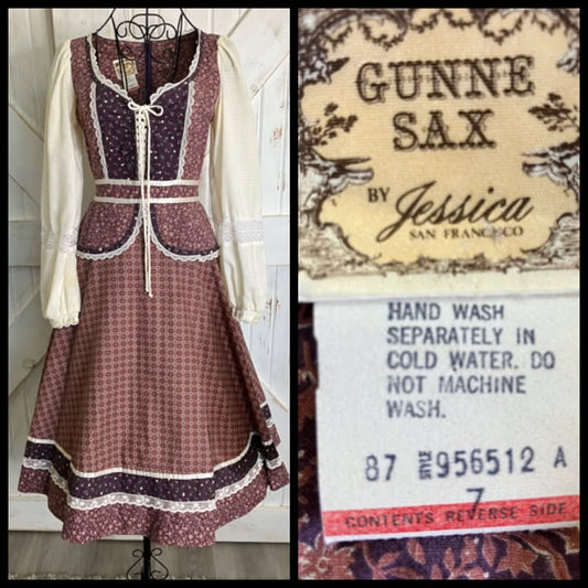 70's Vintage Gunne Sax Purple White Pink Calico Plaid Peplum Corset Peasant Sleeve Prairie Midi Dress 7
