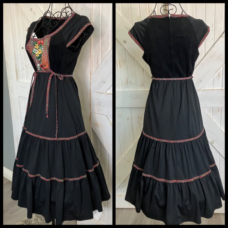 70's Vintage Jody T of California Black Rainbow Floral Calico Print Side Ties Prairie Midi Dress