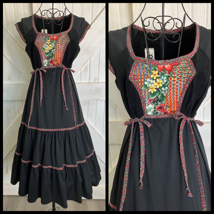 70's Vintage Jody T of California Black Rainbow Floral Calico Print Side Ties Prairie Midi Dress