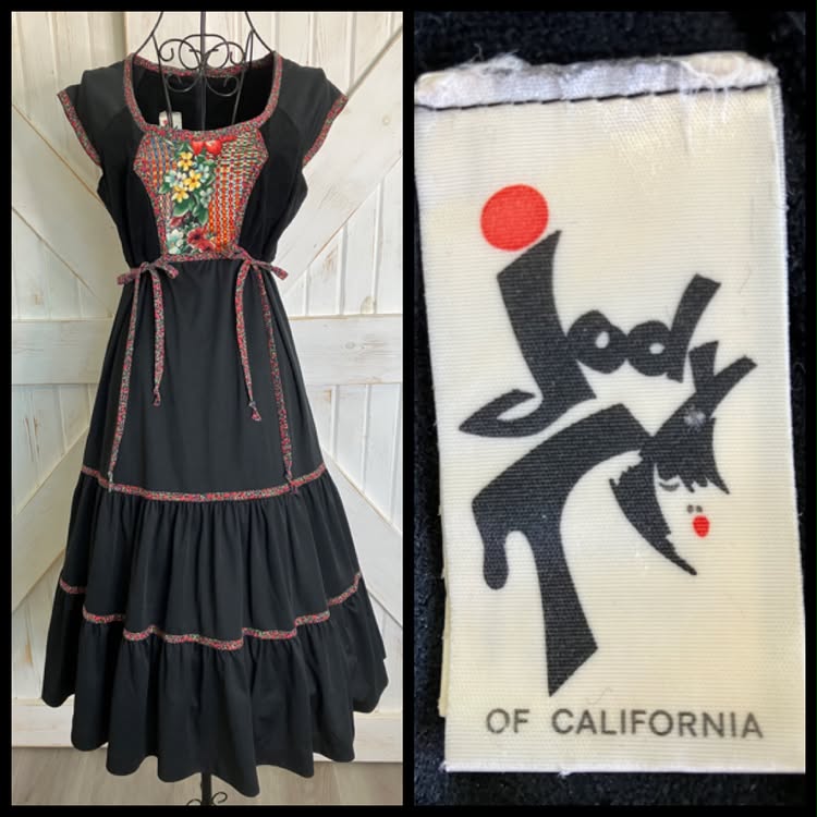 70's Vintage Jody T of California Black Rainbow Floral Calico Print Side Ties Prairie Midi Dress