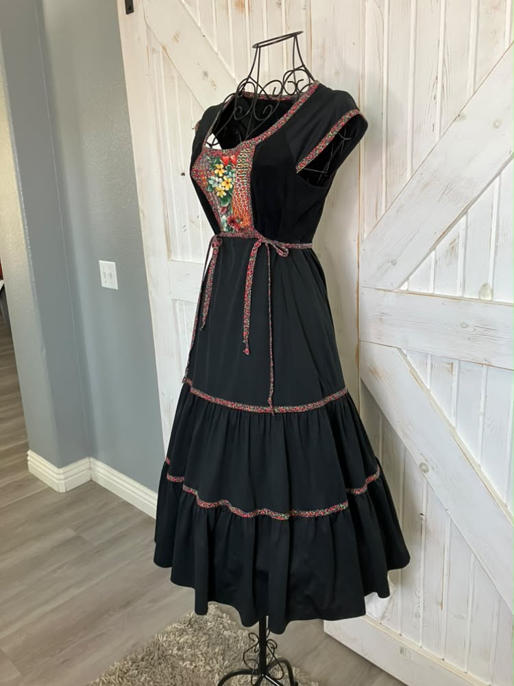 70's Vintage Jody T of California Black Rainbow Floral Calico Print Side Ties Prairie Midi Dress