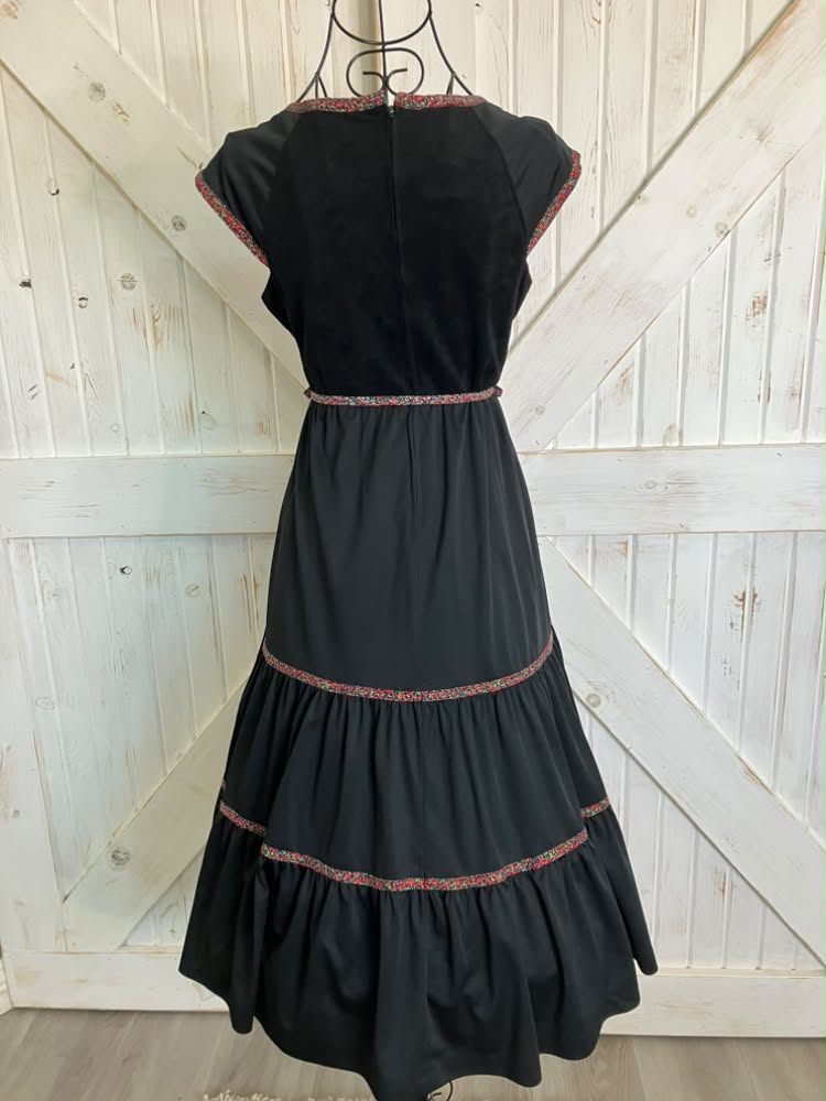 70's Vintage Jody T of California Black Rainbow Floral Calico Print Side Ties Prairie Midi Dress