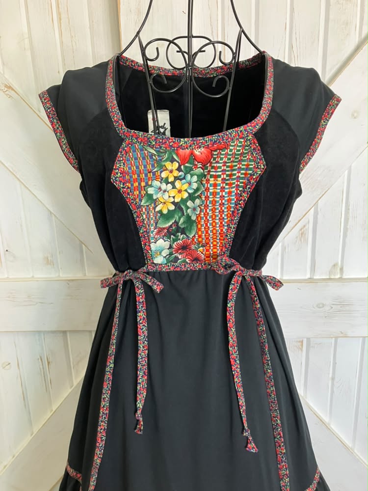 70's Vintage Jody T of California Black Rainbow Floral Calico Print Side Ties Prairie Midi Dress
