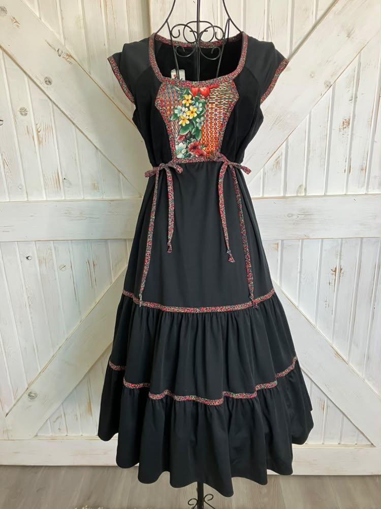 70's Vintage Jody T of California Black Rainbow Floral Calico Print Side Ties Prairie Midi Dress