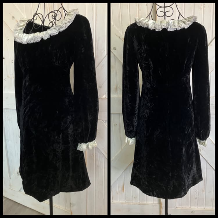 60's Vintage Black Velvet Wednesday Adams Family Mod GoGo Goth Mini Dress *FLAW